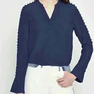 Joie Long Sleeve Blouse Navy Blue Abe Button Sleeve Top V Neck Size XS